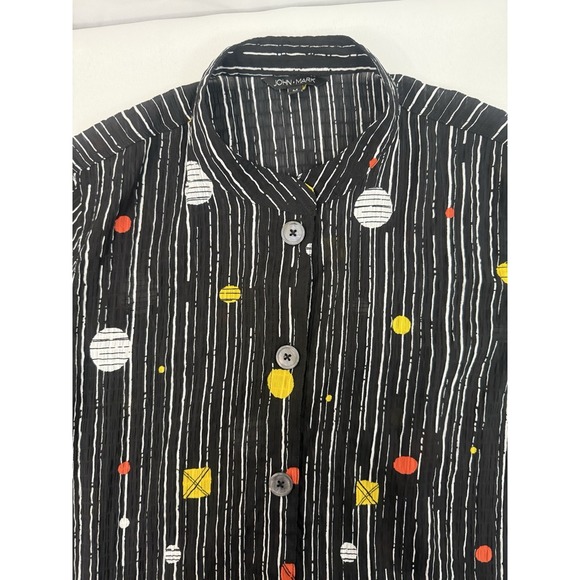 John Mark Black White Stripe 3/4 Sleev Button Up Long Tunic Womens Size M Artsy - Picture 5 of 9